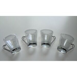Vintage Bormioli Rocco Set of 4 Glass Coffee Tea Cups Stainless Steel Handle